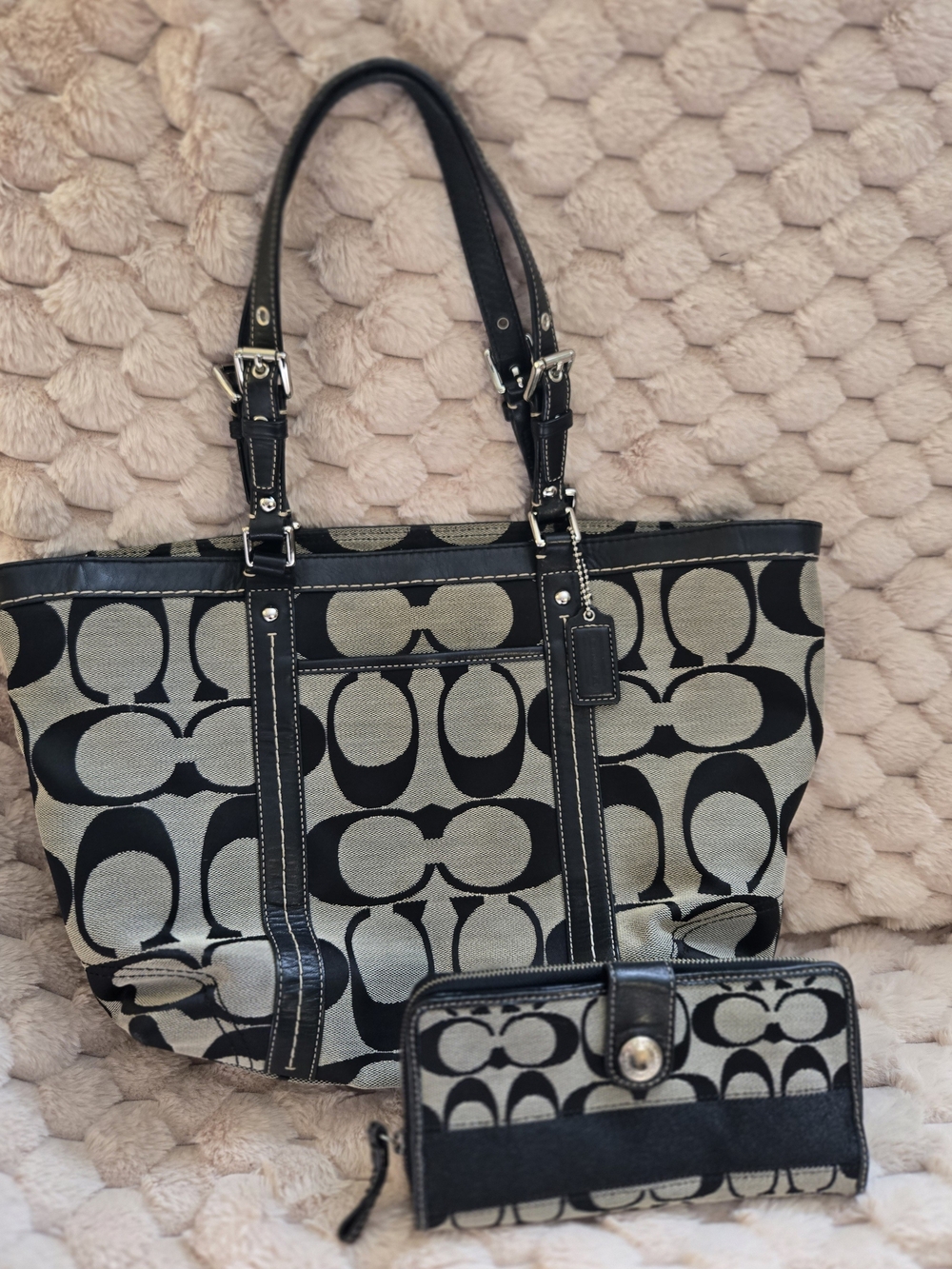 Coach Black and Gray Signature Jacqaurd Tote with Matching Wallet